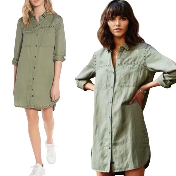 Rails Bowie Shirt Dress Studded Trim Linen Snap Front Long Sleeve Sage Green XS - Picture 1 of 10